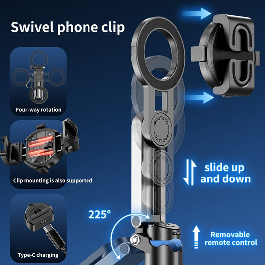 P15mini Magnetic Selfie Stick Holder [with Phone Clip Dual Purpose], 3in 1 Retractable Cell Phone Selfie Stick, Remote Control Shooting Floor Standing Aluminum Tripod, USB Charging Remote Control, Outdoor Video Recording Handle Aid