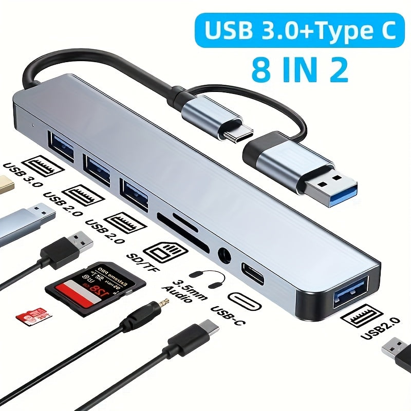 8-in-1 Multifunctional USB Hub with TF/SD Card Reader, 3.5mm Audio Output, USB-C & USB 3.0 Ports, 8-in-1 Design for MacBook Pro/for iPad Pro/HP, Durable Metal Construction, Stylish Home Office Setup for Professionals, Multifunctional Hub | Sleek Metal Hu