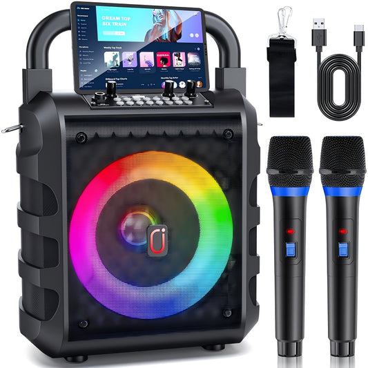 JYX brand karaoke machine with 2 wireless microphones, LED cool light color changing ambient lighting, supports USB/TF/BT speakers, suitable for home outdoor parties
