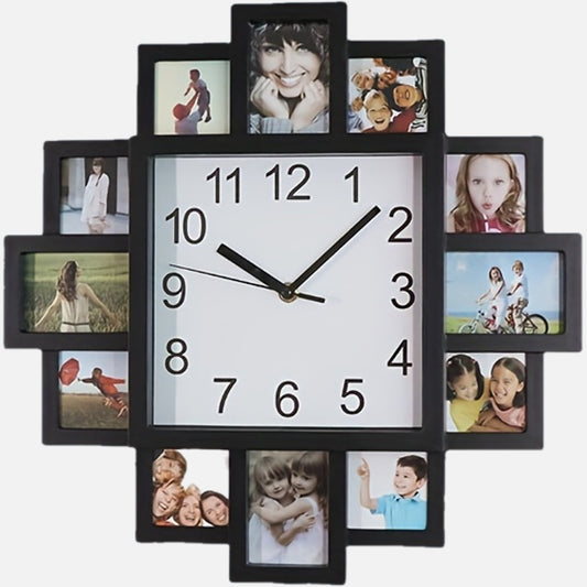 1pc Glowtick Creative Photo Framed Wall Clock - Black Wood Frame, Holds 12 Photos, Silent Non-Ticking, Irregular Shape Design for Living Room & Bedroom Decor, Perfect Anniversary & Travel Memory Gift, Wall Clock Living Room