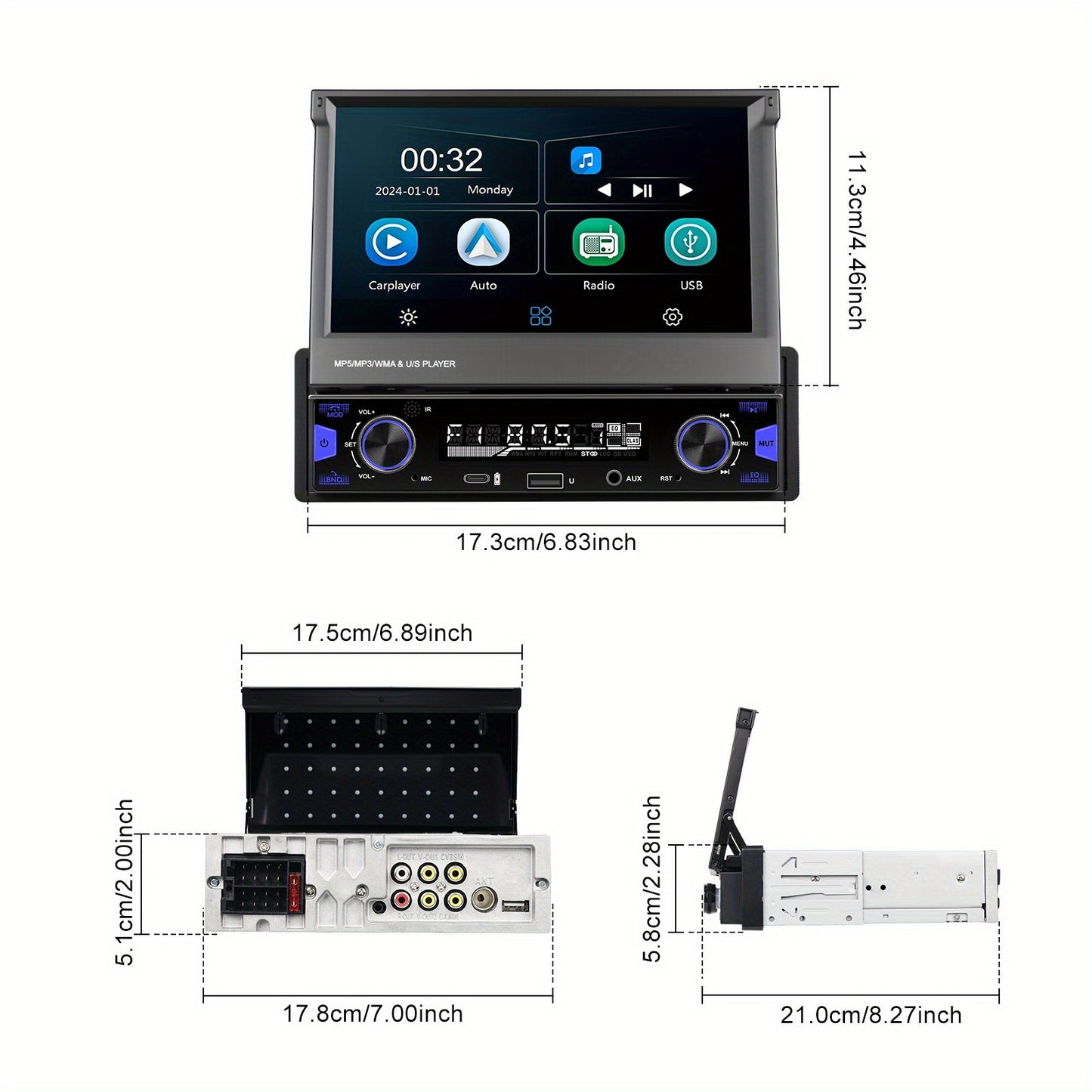 PODOFO Updated Version 17.78cm HD Touch Screen Car Stereo with Wireless CarPlay & Android Auto, Wireless, FM/AM Radio, Retractable Screen, EQ Sound Effects, Compatible with iPhone/Android Phones - for Most Vehicles (1Din Dashboard Slot), Vehicle Audio Up