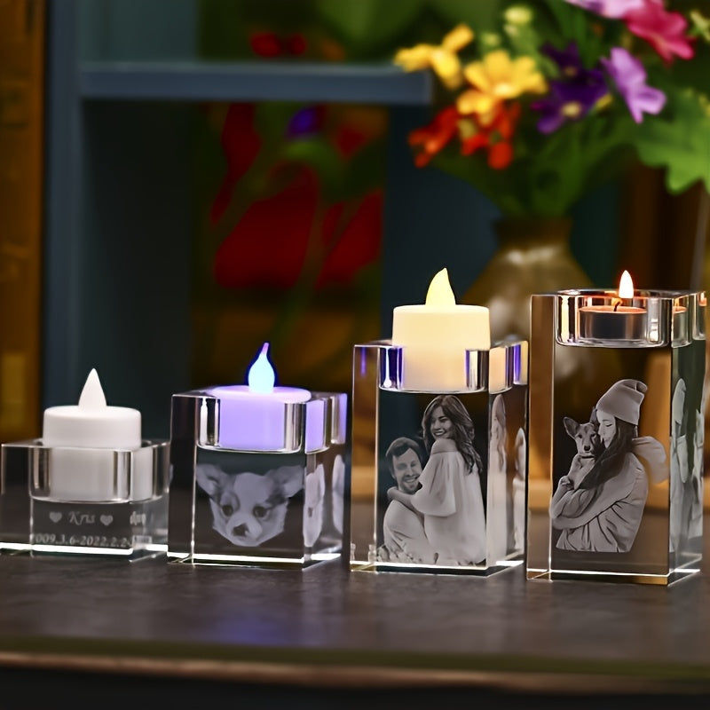 Personalized 3D Carved Glass Candle Holder - Custom Photo Insert for Birthdays, Weddings, Anniversaries - High-Quality Glass Keepsake Gift, DIY Home Decor for Mother’s Day, Father’s Day, Valentine’s, Occasion Keepsake | DIY Craft Base | Clear Glass Desig