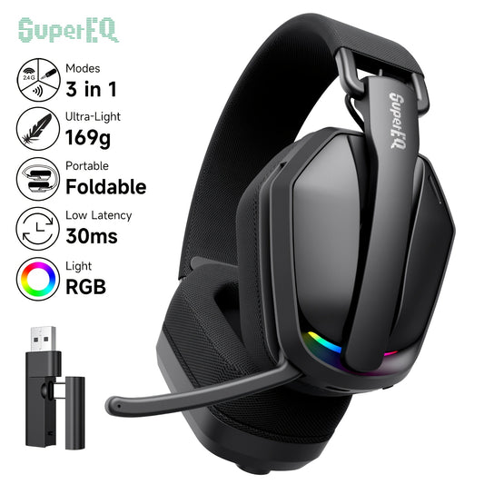 SuperEQ G19BT Ultra-Light Wireless Gaming Headphones with Noise Cancelling Mic, 3in 1 Modes, 169g Foldable Design, 30ms Low Latency, RGB Lighting, USB/Type-C 2.4GHz for PC/PS4/PS5/Xbox, Gaming Headset, Sleek Headset, Durable Headset