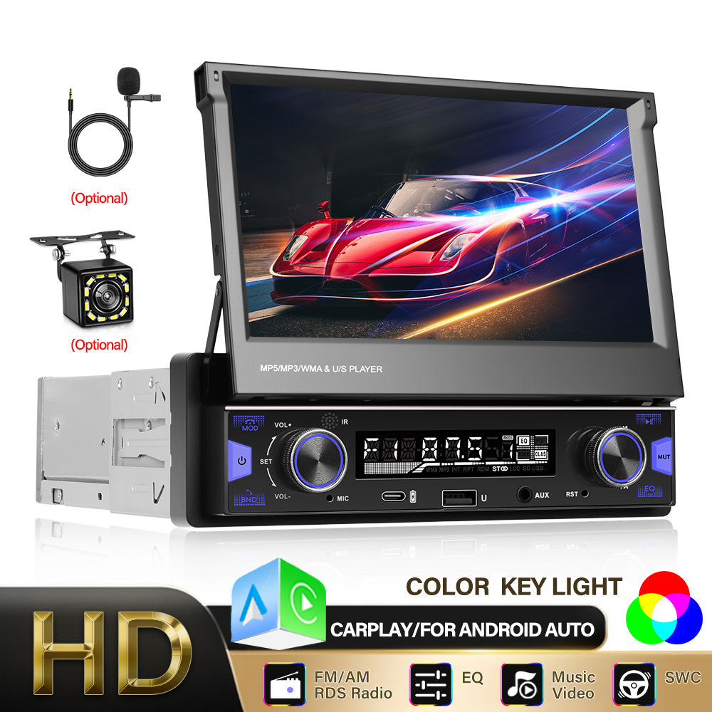 PODOFO Updated Version 17.78cm HD Touch Screen Car Stereo with Wireless CarPlay & Android Auto, Wireless, FM/AM Radio, Retractable Screen, EQ Sound Effects, Compatible with iPhone/Android Phones - for Most Vehicles (1Din Dashboard Slot), Vehicle Audio Up