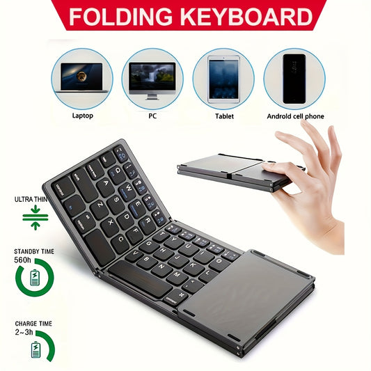 ZYY Portable Wireless Three-Fold Keyboard with Touchpad, Ultra-Thin Design, Rechargeable Lithium Polymer Battery 140mAh, USB Charging, Compatible with Android, iOS, Windows, Mac, with Type-C Charging Port, for Office and Travel
