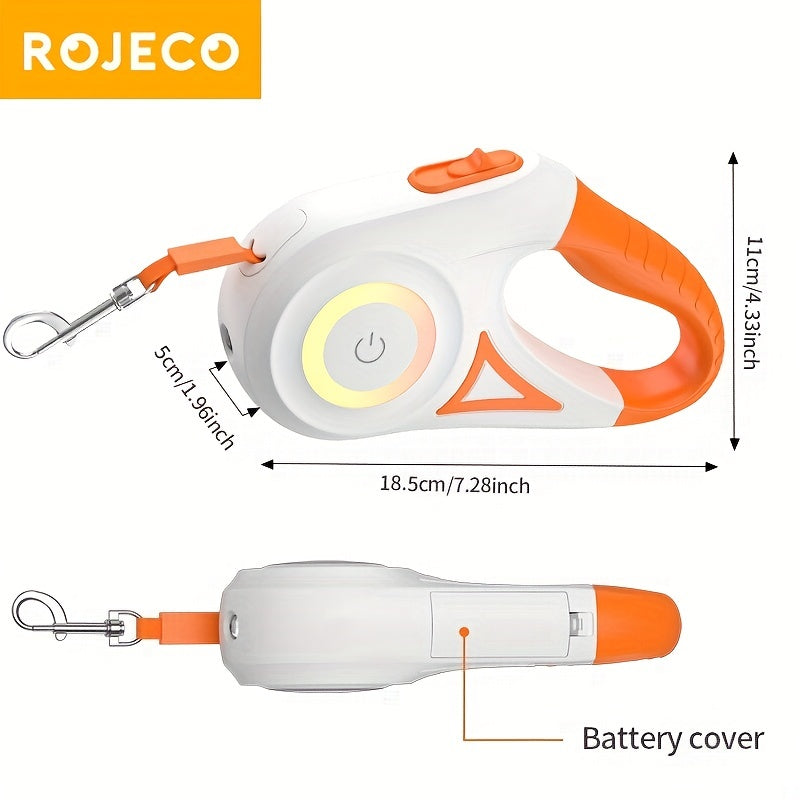ROJECO 4.88meter Retractable Dog Leash with LED Flashlight - Hands-Free, One-Button Brake & Lock, Durable Nylon for Nighttime Walks & Runs, Handsfree Leash | Functional Design | Comfortable Grip