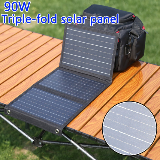 WEIHAOXI 90W 3-Fold Solar Panel Charger - Portable Solar Power Bank with Dual USB Ports, Lightweight & Durable for Camping, Hiking, Backpacking - Fast Charge Phones/Tablets (No Battery Included), Solar Phone Charger, Outdoor Charging Station, Flexible De