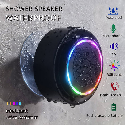 Portable Shower Speaker With Built-in Microphone, Voice Assistant Control, Hands-Free Calling, TWS Playback, 5W High Power, Rechargeable Lithium Polymer Battery, Long-Lasting Playtime, HD Decoding, Strong Suction Cup, RGB Lights, USB Type-C Charging, Per
