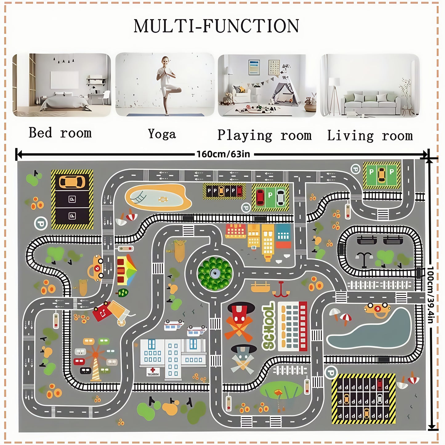 1pc 800g/m² Car Game Mat - 0.6cm Thick Non-Slip Road Rug, Suitable for Youngsters Bedroom/Gaming Room City Map Design, Machine Washable, Educational Traffic Learning for Ages 3-8 Years Old, 120x160cm Large