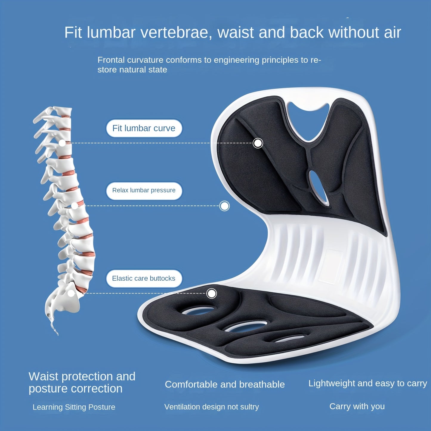 Ergonomic Office Chair with Adjustable Lumbar Support Pad – Posture Corrector for Improved Alignment, Breathable Design, Fits Natural Waist & Back Contours, Gray/Black, Lightweight & Portable