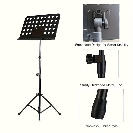 1pc Adjustable Music Note & Guitar Stand - Ergonomic Foldable Portable Tripod with Sturdy Black Metal Frame for Musicians, Singers, Performers - Professional Stage & Studio Use, Sleek Design, Durable Construction