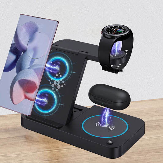4-in-1 Fast Wireless Charger for Samsung Charging Station, Compatible with Multiple Android Phones and Devices, Includes LED Night Lights for Samsung S24Ultra/S23/S22/S21/Note 20 Plus/Z Flip 5/Fold 5/for Galaxy Buds/Watch 6/5Pro/4/3