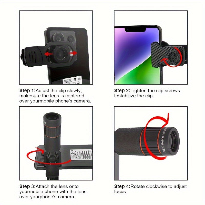 32x Telephoto Phone Lens, Universal Mobile Phone Telephoto Attachment, Durable Material, Compatible with iPhone,, Xiaomi & More Smartphones, Outdoor Camping Photography Accessory