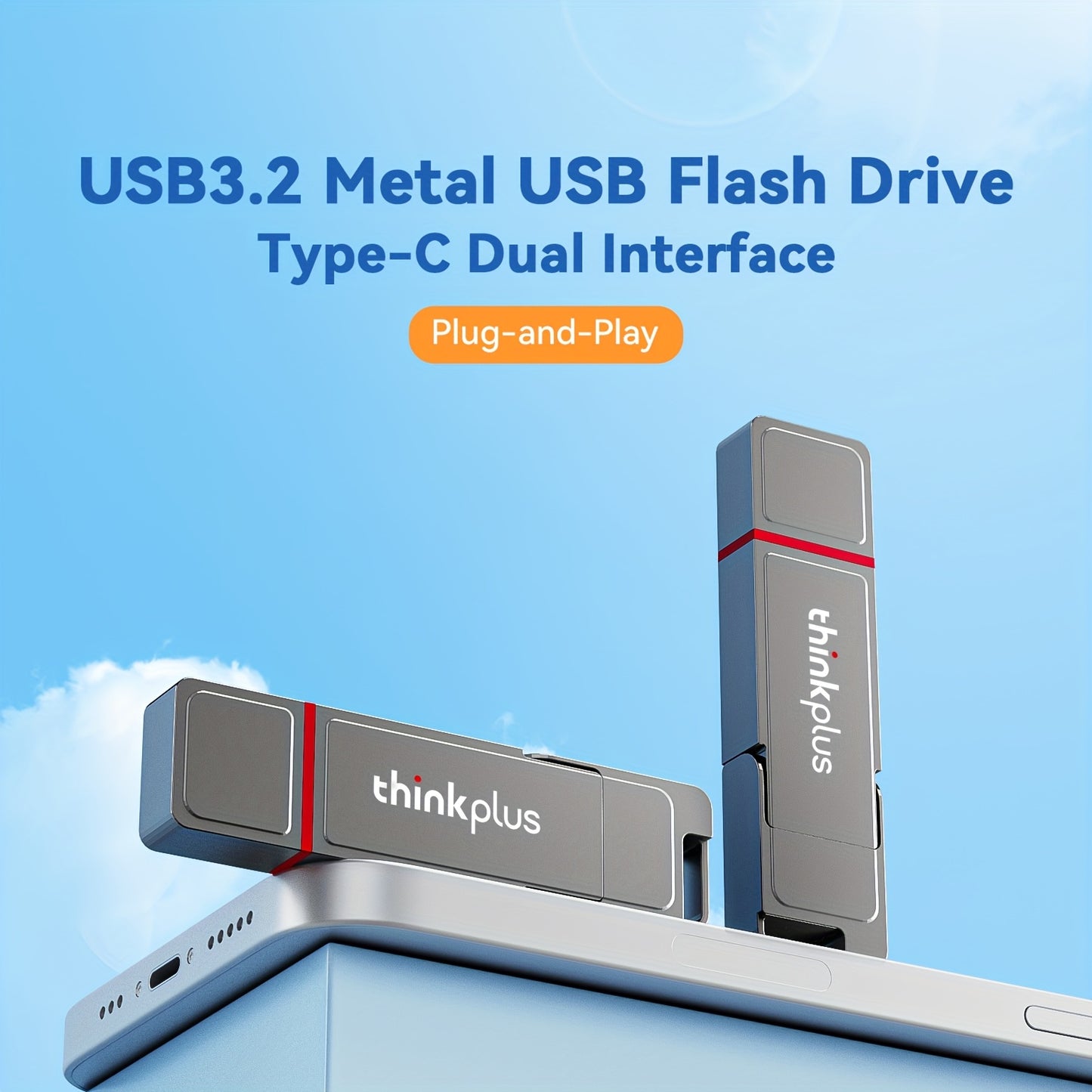 LENOVO USB3.2 Flash Drive, Plug and Play, High-efficiency Transmission, Tail Hollow Out Design, Easy to Carry Memory Stick, 32GB-512GB as you choose, Zinc Alloy Body USB Flash Drive, Rugged and Durable, Dual Connector Design, Compatible with TV, Computer
