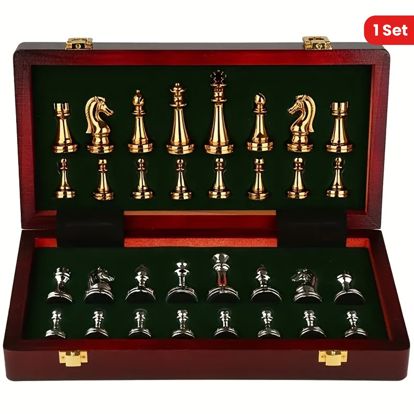 1 Set Yernea Vintage Chess Game Set, 29.97cm Folding Wooden Board, High-Quality Metal Zinc Alloy Pieces, Classic Strategy Game, Yellow and Grey, Creative Material