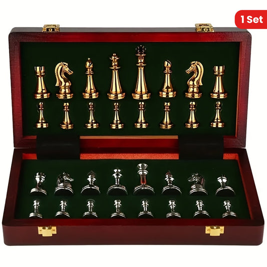1 Set Yernea Vintage Chess Game Set, 29.97cm Folding Wooden Board, High-Quality Metal Zinc Alloy Pieces, Classic Strategy Game, Yellow and Grey, Creative Material