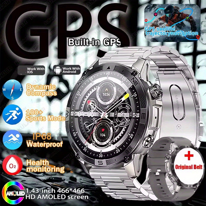 GPS Smart Watch with 6 Satellite Positioning, 1. 109.22cm AMOLED Screen, 466*466px, Built-In GPS, Altimeter, Barometer, Compass, Fitness/Wellness Tracker, Wireless Call, Games, 530mAh Long Battery Life, High Quality, 100+ Sports, NFC, AI Voice, Compatibl