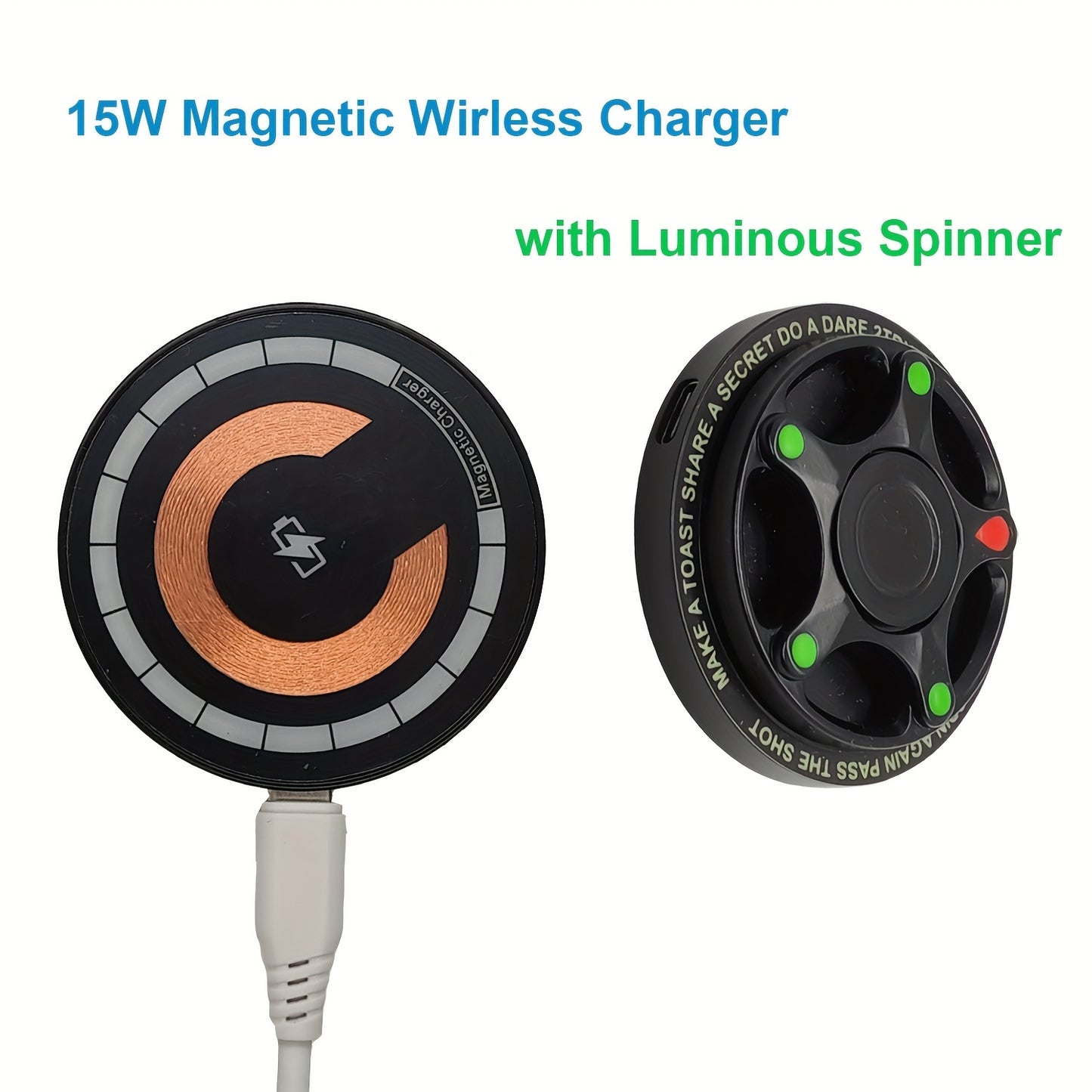15W Magnetic Wireless Charger, Quick Charge, Aluminum Alloy Material, with Rotatable Luminous Spinner, Portable and Lightweight, Suitable for iPhone, for Samsung and More Smartphones