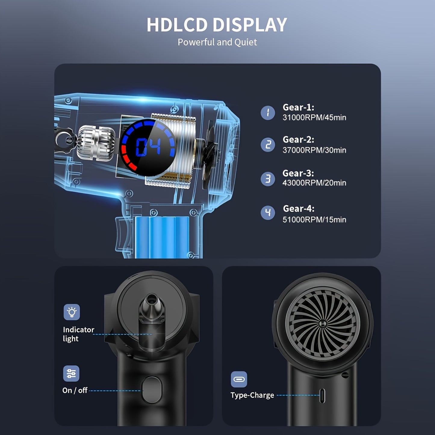 Cordless Electric Air Duster with 51000 RPM High-Power Blower, 4-Speed Adjustable (31000/37000/43000/51000 RPM), LCD Battery Display & LED Light, USB-C Fast Charging, Portable Electric Air Cannon for Computer, Keyboard, Gaming Console, Home - Replaces Co