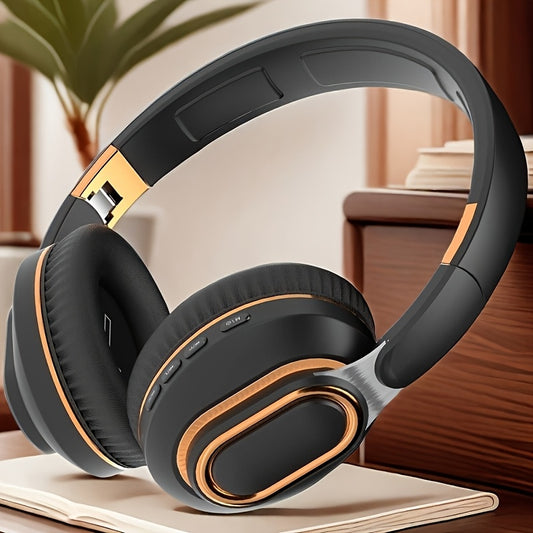 STONEGO Foldable Over-Ear Wireless Headset with HIFI Sound & Built-in Microphone, Wireless Gaming Headphones for PC, Type-C Charging, Comfortable Cushioned Ear Pads, Black & Golden Design