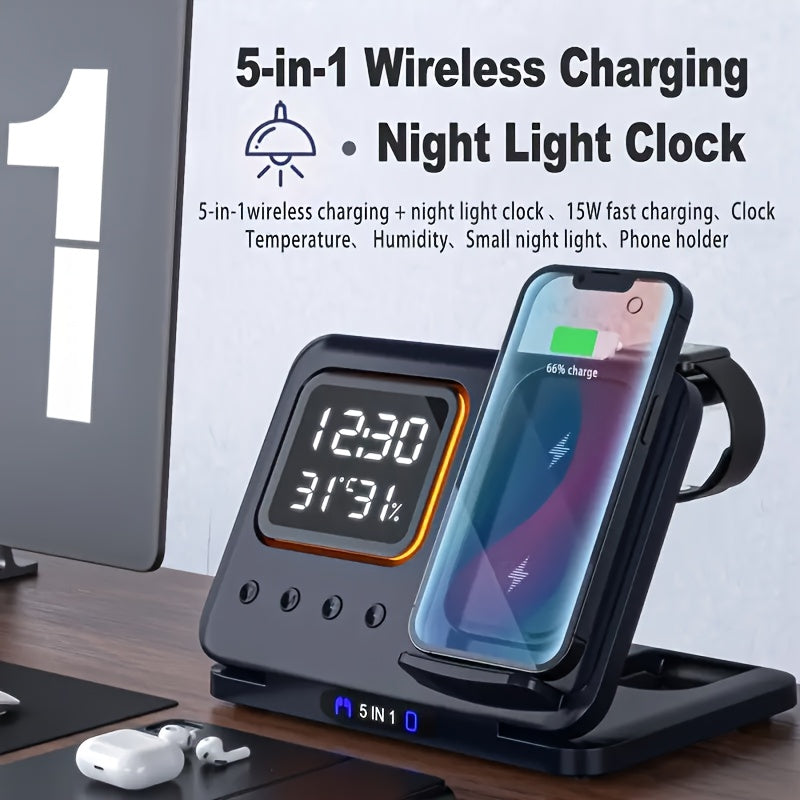 5-in-1 Wireless Charging Stand with Clock, 15W Fast Charge, Temperature & Humidity Display, Night Light, Compatible with iPhone 16/16 Pro Max/15/14/13/12 Pro/Pro Max, iWatch Series 9/Ultra 2/8/7/SE/SE2/6/5, AirPods 3/Pro/2 - Magnetic USB Type-C Connectio
