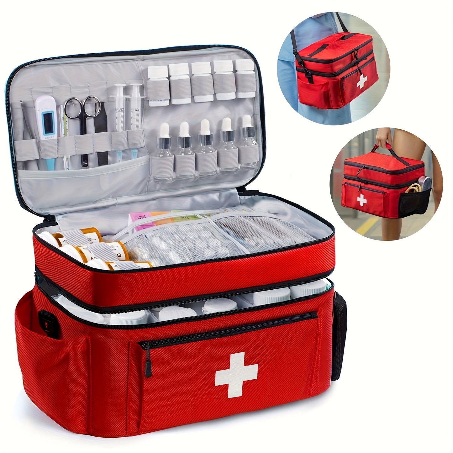 Large Capacity Medicine Storage Bag, Compact and Portable First Aid Kit, Nylon Materials, with Detachable Dividers and Multiple Compartments, Multiple Carrying Options, Suitable for Home and Outdoor Emergency Needs