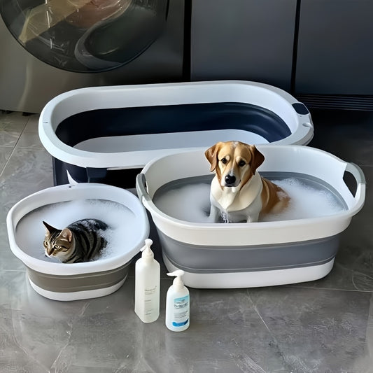 Portable Pet Folding Bathtub + Grooming Brush - Anti-Slip, Easy-Storage, Gentle on Pet Light Beige, Multipurpose Cleaning Solution for Dogs Cats