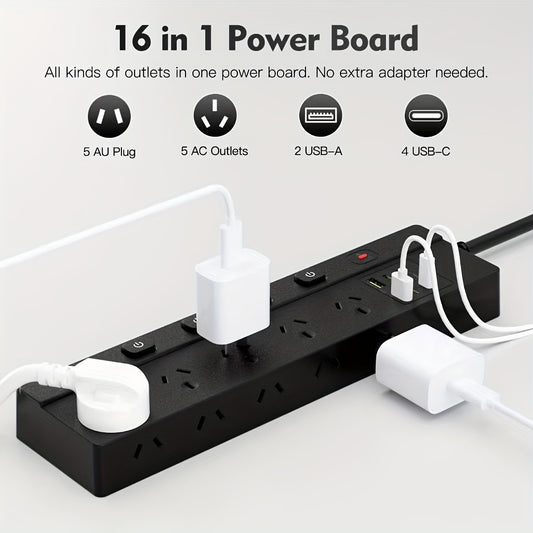 16-in-1 Heavy Duty Australian Power Strip with Surge Protection, 10 AC Outlets (Including Side Socket), 4 USB-A & 2 USB-C Ports, Individual On/Off Switches, Overload Protection - Compact Vertical Design for Home, Office, Dorm - Australian Plug (220-240V)