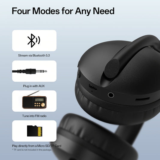 SuperEQ S6001 Wireless Wireless 5.3 Over-Ear Headphones with Active Noise Cancelling, HiFi Stereo Sound, FM Radio, SD/TF Card Player, 20H Playtime, USB-C, Compatible with PC/Mobile/Desk Phones - for Gaming, Travel, Commute - Black, Commute Music, Ergonom