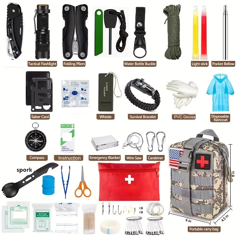 100in 1 Emergency Survival Kit with Survival Gear Tools First Aid for Outdoor Adventure Hiking Hunting