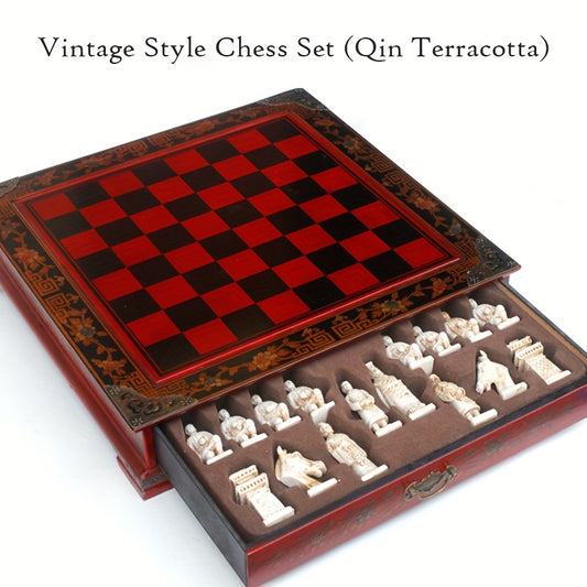 Vintage Style Chess Set Qin Terracotta Chess Board Set, 3D Characters Wooden Chess Set With Coated Chessboard - Portable Built-in Storage Trays - Unique Gift For Chess Lovers & Collectors