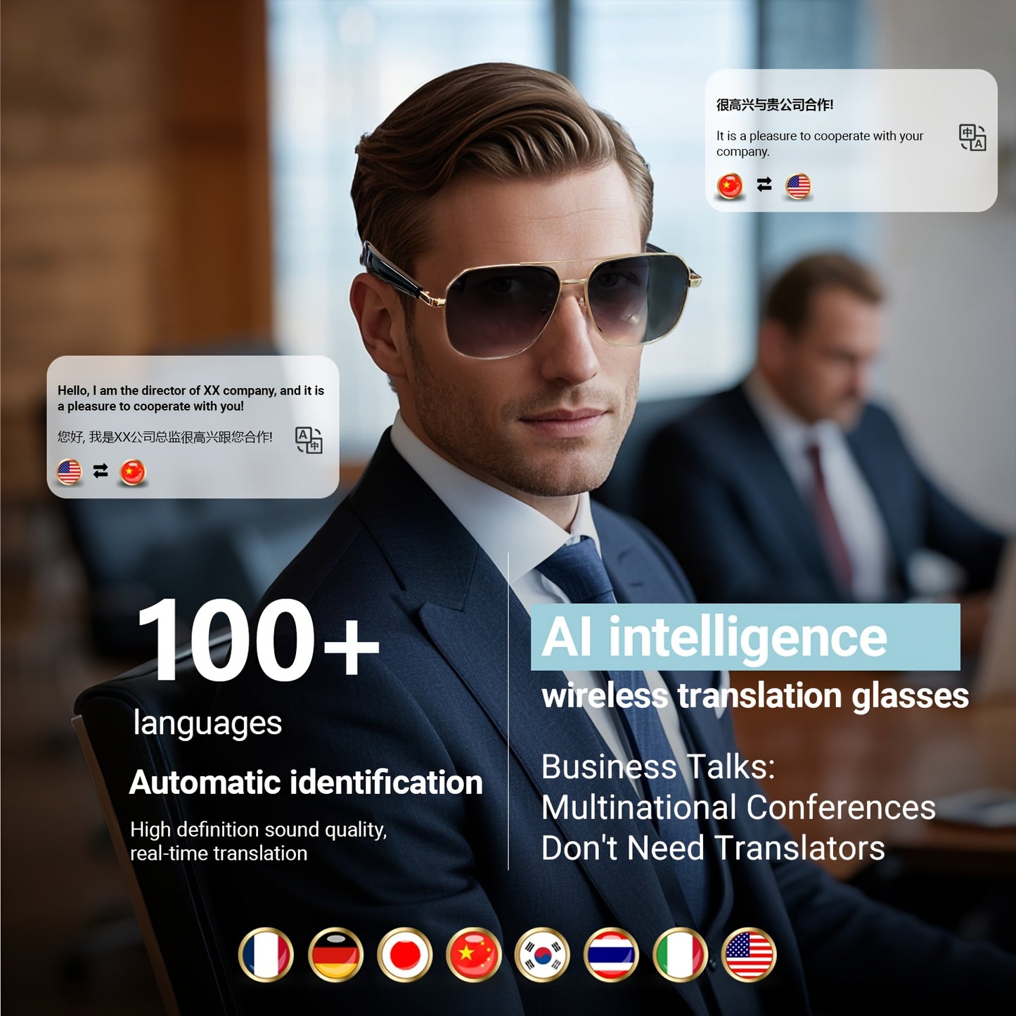 AI Glasses for Men/Women, Bluetooth Translation Smart Glasses with 100+ Languages, Magnetic Charging & Polarized Protection, Handsfree Translation, Sleek Design, Lightweight Frame, Protection Eyewear, International Speakers