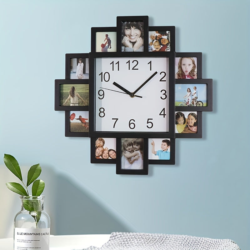 1pc Glowtick Creative Photo Framed Wall Clock - Black Wood Frame, Holds 12 Photos, Silent Non-Ticking, Irregular Shape Design for Living Room & Bedroom Decor, Perfect Anniversary & Travel Memory Gift, Wall Clock Living Room
