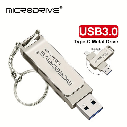 MicroDrive USB 3.0 Type-C Metal Flash Drive with 360° Rotatable Design, 128GB/64GB High-Speed Data Transfer, 2-in-1 USB-C & Type-C, Durable Metal Texture for Notebooks & Phones, Phone Storage Expansion, Sleek Metallic Finish, Robust Construction