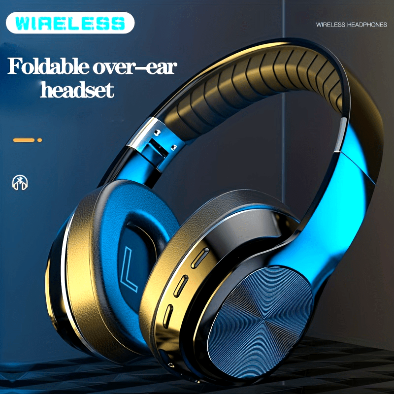 High-End Over-Ear Wireless Headphones with Metal Folding Design, Surround Sound, Wireless, TF Card/Radio Modes, USB-C Charging, Ergonomic Comfort for Sports, Gaming & Running - Blue & Golden