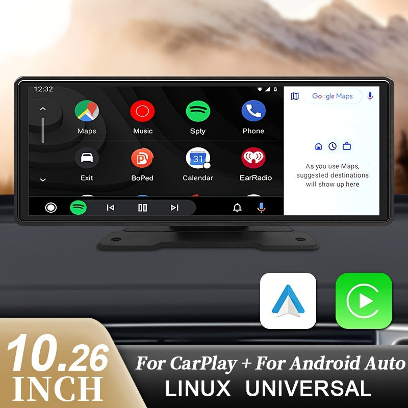 Hippcron 10.26-inch Portable Car Audio Video Player Navigation, Supports CarPlay and Android Auto, HD IPS Touch Screen, Mobile Phone Wired Mirror Screen Navigation, Hands-Free Call/Music, AUX/FM Transmitter, Reverse Camera, Optional Backup Camera