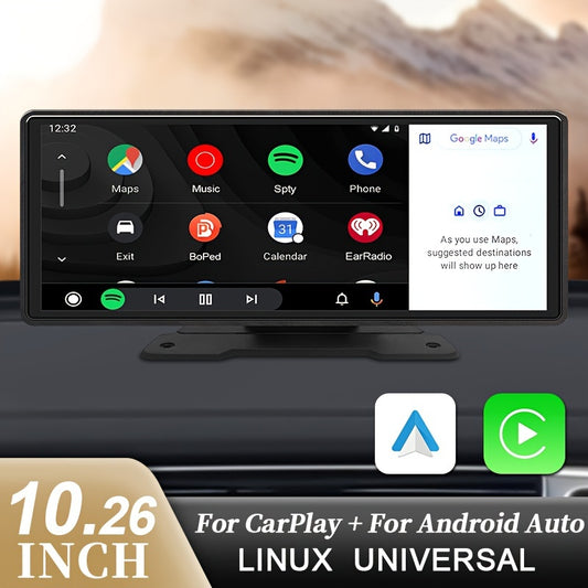 Hippcron 10.26-inch Portable Car Audio Video Player Navigation, Supports CarPlay and Android Auto, HD IPS Touch Screen, Mobile Phone Wired Mirror Screen Navigation, Hands-Free Call/Music, AUX/FM Transmitter, Reverse Camera, Optional Backup Camera