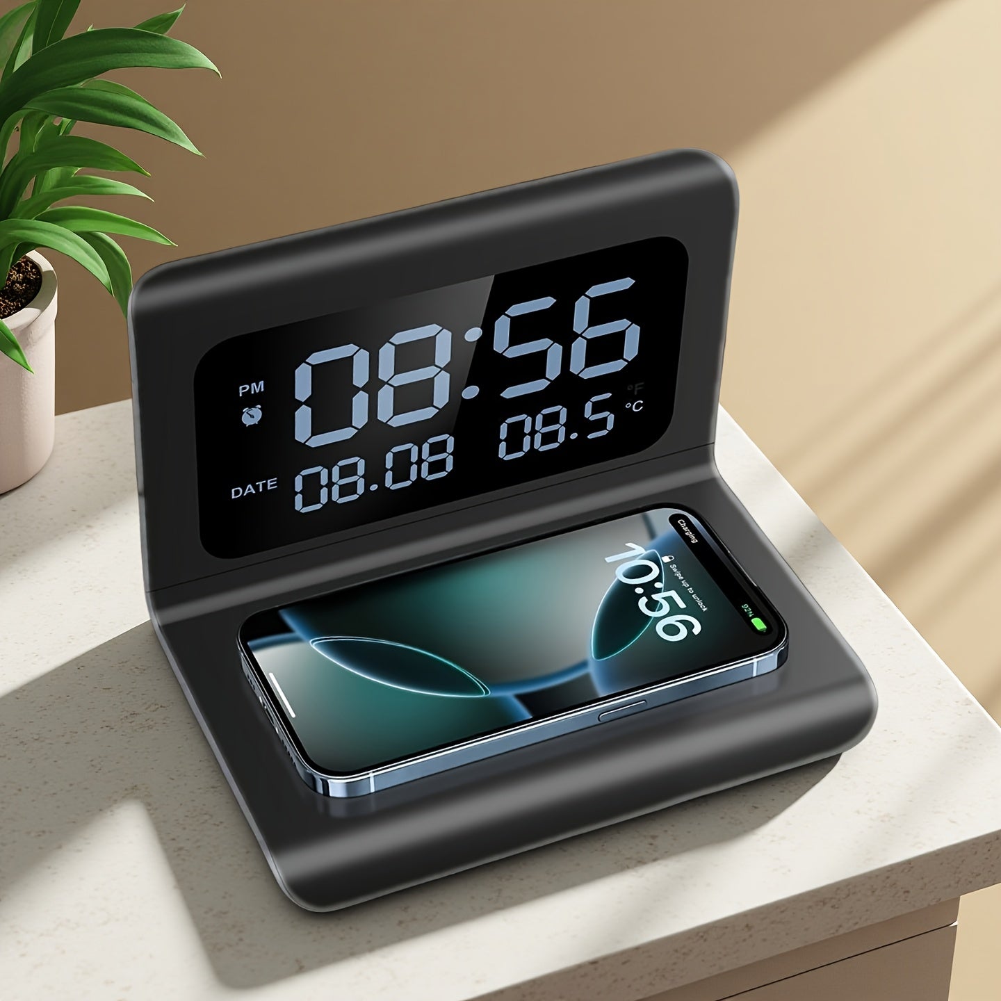 A Versatile Wireless Charging Station Featuring a Time And Temperature Display, Designed As an Alarm Clock for Your Bedroom Desk. It Is Compatible with for iphone Models 16, 15, 14, 13, 12, 11 Pro Max/Mini/Plus/Xr/X/8, for Airpods 2/3/4/Pro/Pro 2, And fo