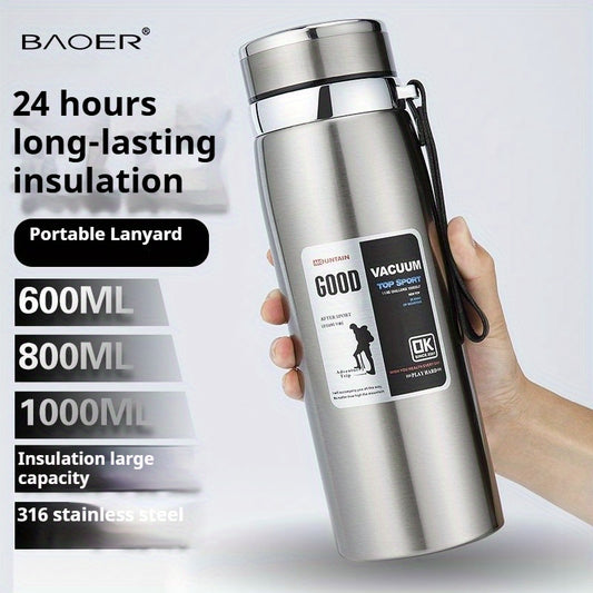 1pc 316 Stainless Steel Insulated Travel Mug with Filter, 24-Hour Retention, 600ml, 800ml, 1000ml Options, Portable Lanyard, Perfect for Tea, Coffee, and Outdoor Adventures, Outdoor Hydration|Glossy Finish|Durable Insulation