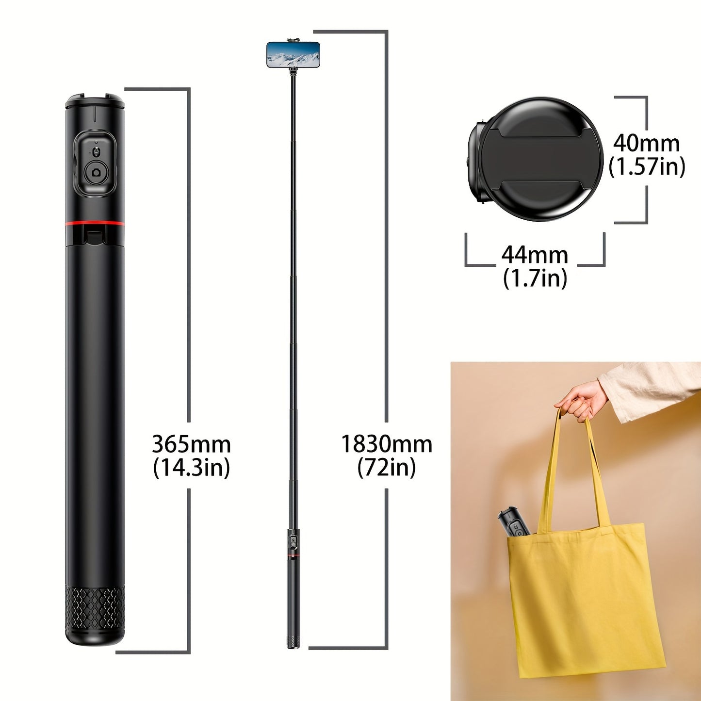 Stable Selfie Stick Tripod with Hidden Integrated Design, 1.83m Aluminum Alloy Pole, Tripod with Reinforced Support, Wind-Resistant, Multi-Functional ABS Mount with Cold Shoe Expansion, Compatible with Lighting and Microphone Accessories, Battery Powered