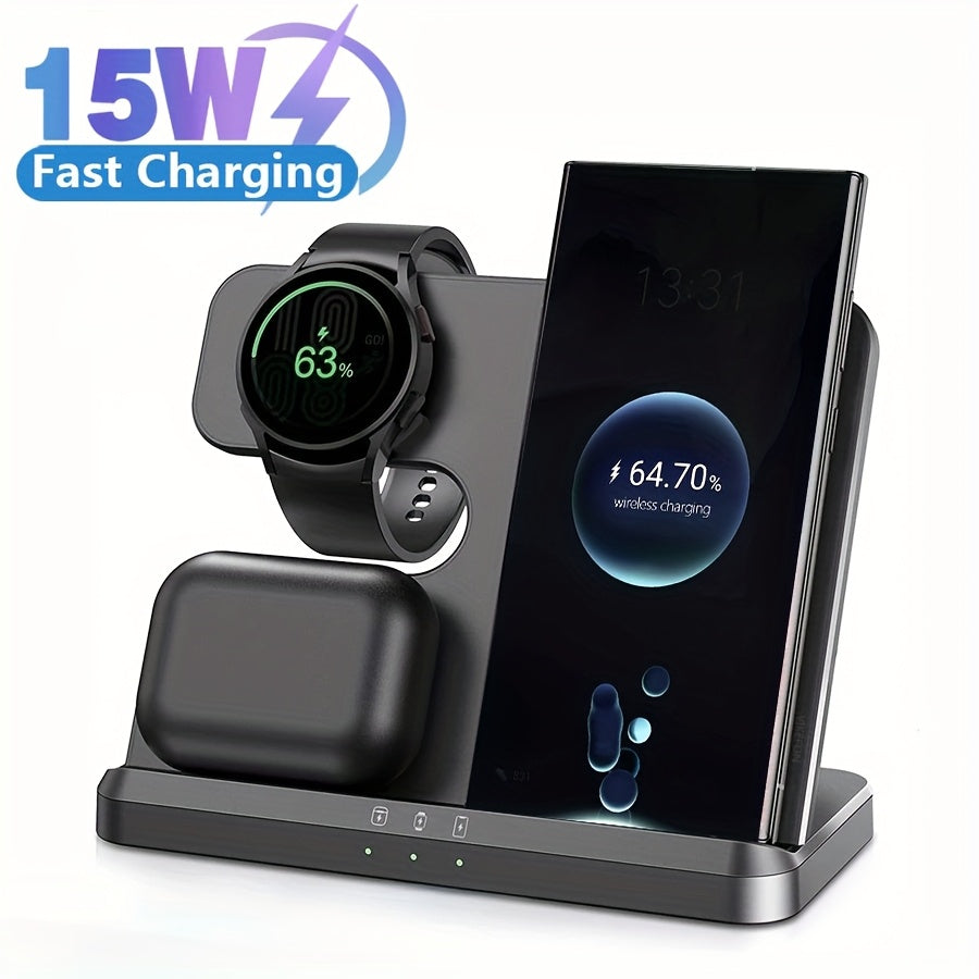 Wireless Charger Stand for 3in 1 Fast Charging Dock Station for FE 20 10 9 Z Flip Fold 6 5 4 3 Series for Watch 5 Pro/5/4/3/Active 2/1, Buds+/Pro/Live Desktop Wireless Chargers Mobile Phone Holder