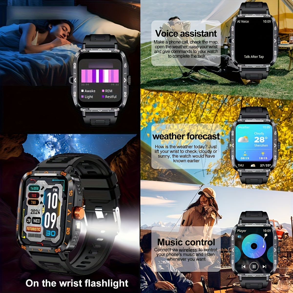 1.95-inch Smart Watch with LED Flashlight, Compatible with Android and iPhone, 100+ Sports Modes, Custom Faces, Step Counter, Distance Measurements, Waterproof, USB Charging, Wireless 5.1, TFT Display, Polymer Lithium Battery 300mA