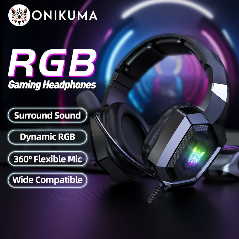 ONIKUMA K8 Black Wired Gaming Headset with Dynamic RGB Surround Sound, 360° Flexible Noise-Cancelling Mic, Comfortable Cushioned Ear Cups - USB Powered for PC & Laptop, Sleek Modern Design, Laptop Audio Gear | Vibrant Rgb Lighting | Comfortable Ear Cups,
