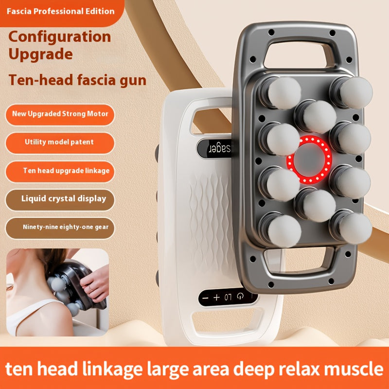 A Ten-Head Fascia Gun with Large Massage Heads, a Powerful Motor, a Sturdy Exterior, a Lightweight Design, a Comfortable Handle, Nine Intensity Levels, a Noise-Reducing Mechanism, Suitable for All Body Parts