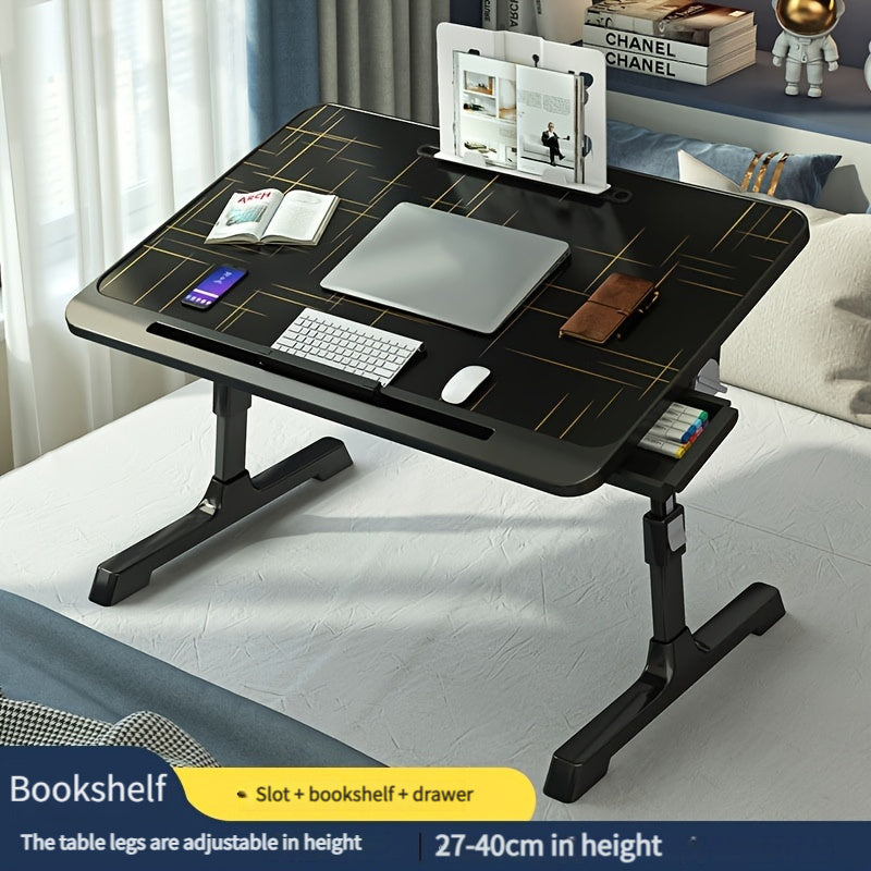 Adjustable Height Foldable Bed Desk with Laptop Stand & Storage Shelves - Ergonomic Rolling Cart for Dorm, Home Office, Car - Portable Compact Study Table with Black Golden Geometric Design, Desk for Bedroom, Quality Materials, Durable Construction
