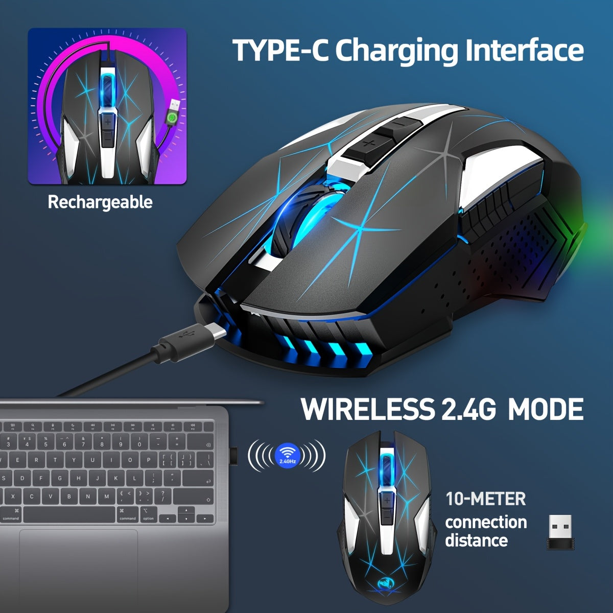 HXSJ T300 2.4G Wireless Mouse Colorful Backlight, Rechargeable, Optical Sensor, USB Plug-and-Play, Suitable for Home, Office and Gaming Use