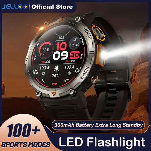1pc JELLOO Men'S Smartwatch with 360p TFT Display, 3.68cm Screen, 300mAh Rechargeable Battery, 3ATM Water Resistance, Wireless 5.2, USB Charging, LED Flashlight, Pedometer, Sports Modes, Compatible with iPhone & Android - Ideal Gift for Men