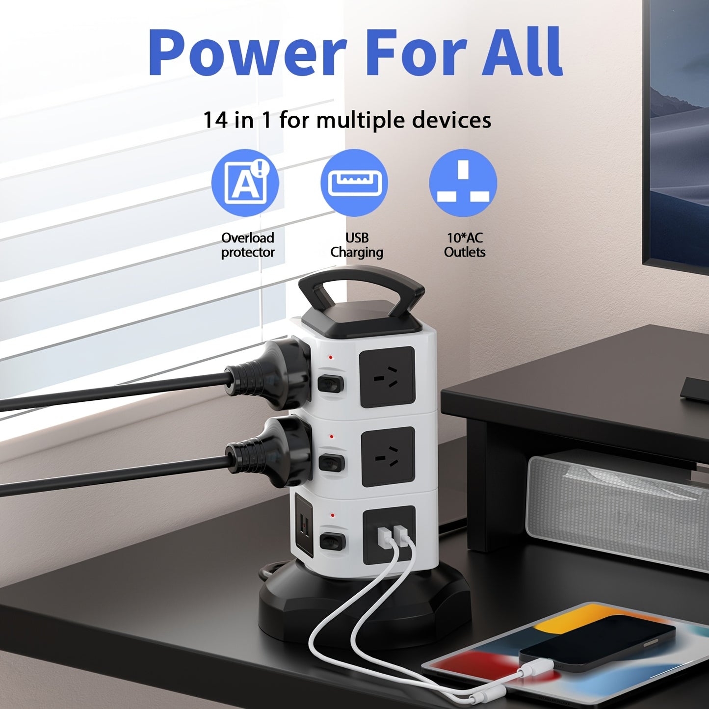 14in 1 tower power board with retractable power cord, overload protection, 10 Australian standard AC sockets with independent layered switches and USB charging sockets, suitable for use in offices, study rooms, homes, and schools