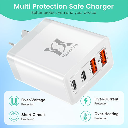 USB C Wall Charger, 4-Port USB C Charger Block, Fast Charging Block Dual Port PD+QC Power Adapter Type C for IPhone 16/15/14/13/12/11/Pro Max/XS, iPad, for Samsung Phone, Tablet, with 1.5m C-C Cable