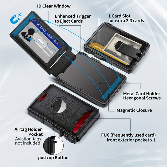 TANGMO Men's Slim RFID-Blocking Wallet with Money Clip & ID Window - Ultra-Thin Faux Leather, 8-11 Card Slots, Pop-Up Card Holder for AirTag, Minimalist Bifold Design, Black